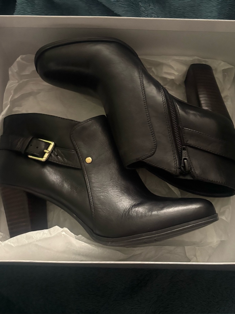 Women's Nine West Black Leather Ankle Boots with Buckle Accent